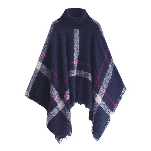 SOLD OUT CLEARANCE Plaid Turtleneck Cape Poncho Knit Sweater - Picture 4 of 7